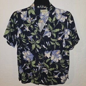 Women's Tommy Bahama 100% Silk Button Front Short sleeve Shirt M Blue Floral